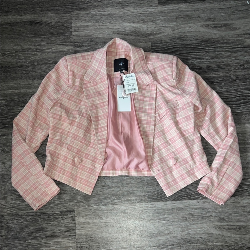 NWT 7 For All Mankind Pink Checkered Cropped Blazer Small - Picture 2 of 6